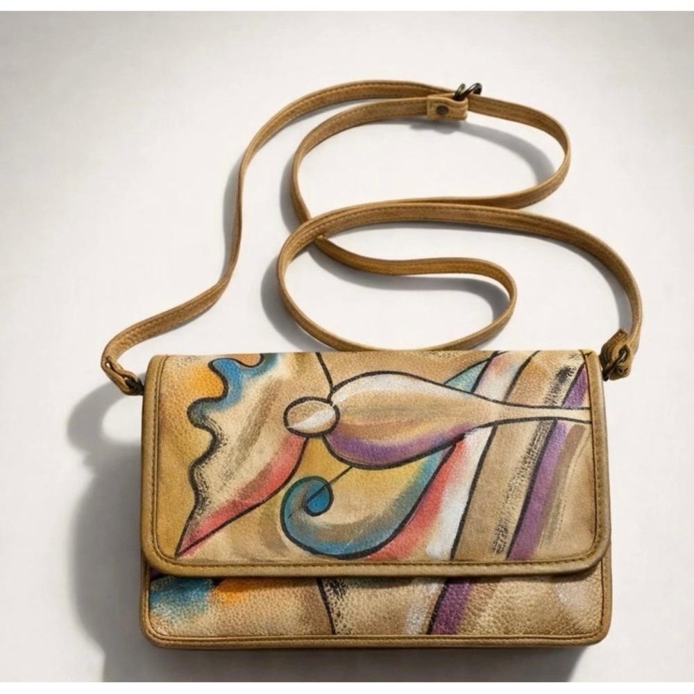 Sam Sam Coastal Cowgirl Leather Abstract Boho Chic Art Painted Crossbody Bag